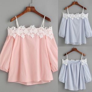 Boutique Off shoulder lace trim top size L blue